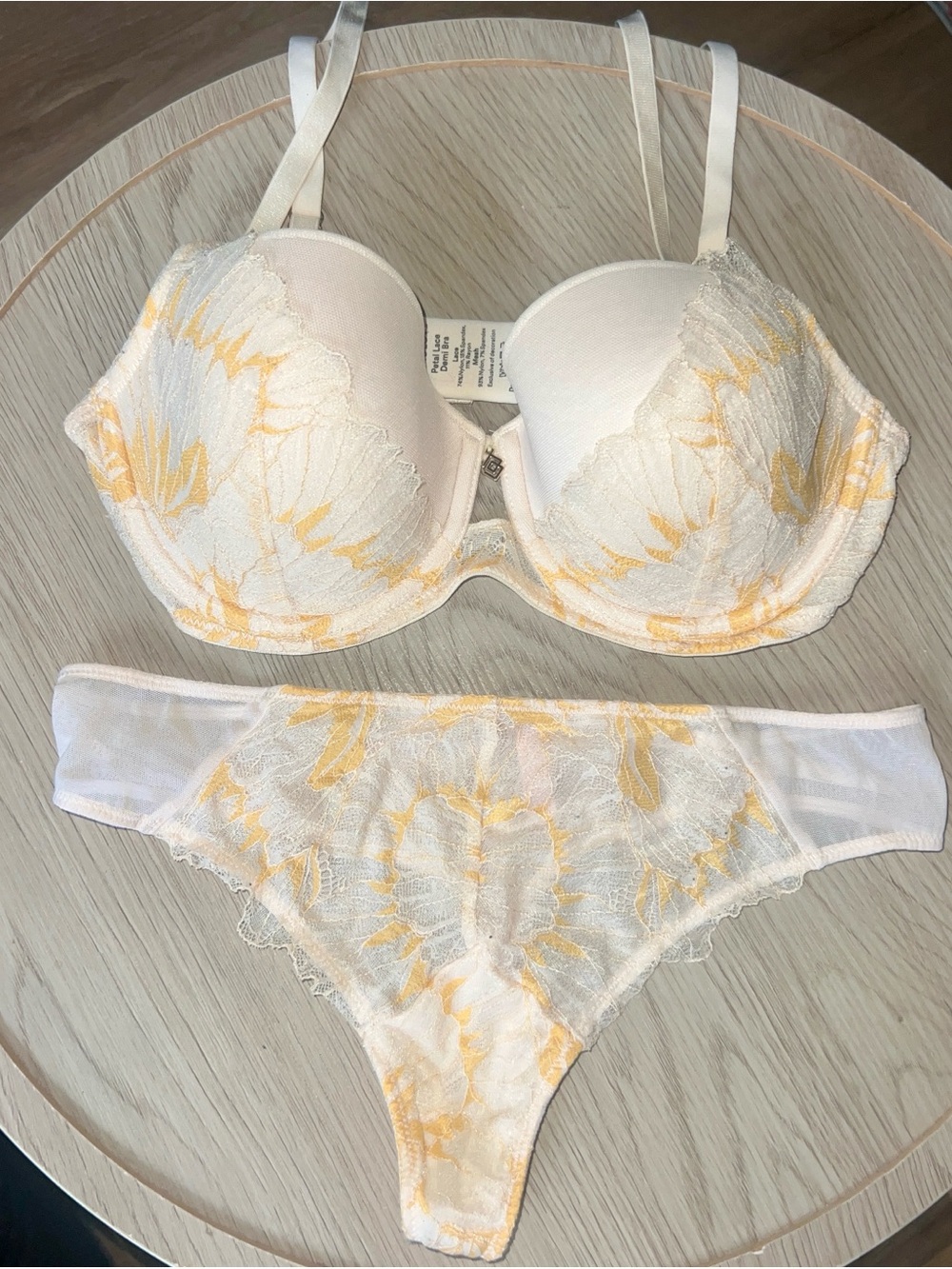 ThirdLove Cream Bra (32D) and Thong Set (S) with Yellow Floral Lace